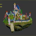 Cartoon Scene of Floating Island with Castle Towers Green Trees and Pathway