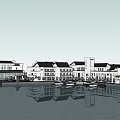 Waterfront Hotel Architecture Complex Featuring Modern Buildings And Surrounding Water Layout 3d model