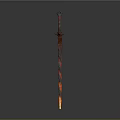 Decorative Sword With Red Hilt And Flame Patterned Blade On Gray Background