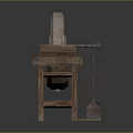 Traditional Stone Mill Kitchen Appliance On Wooden Stand With Blue Patterns