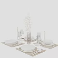Elegant White Dinnerware Set With Plates Bowls Wine Glasses And Greenery Decor For Dining Table 3d model