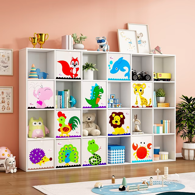 Bookshelf with Colorful Animal Pattern Cubes Filled with Books Toys Trophies Plants and Photo Frames 3d model 