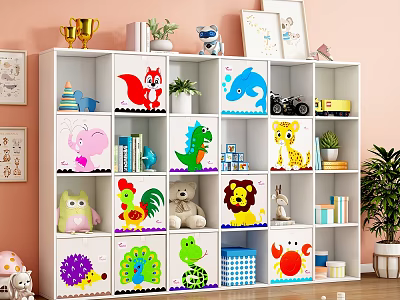 Bookshelf with Colorful Animal Pattern Cubes Filled with Books Toys Trophies Plants and Photo Frames 3d model