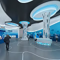 Modern Exhibition Hall Interior With Curved Design Blue Elements And Interactive Displays 3d model