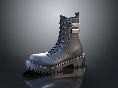 Stylish Black Lace Up Boots With Silver Buckles And Chunky Sole 3d model