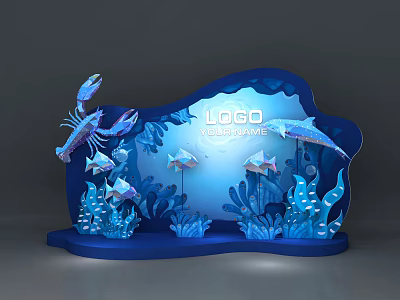 Ocean Themed Display Stand With Company Logo Marine Creatures And Seaweed Decor 3d model