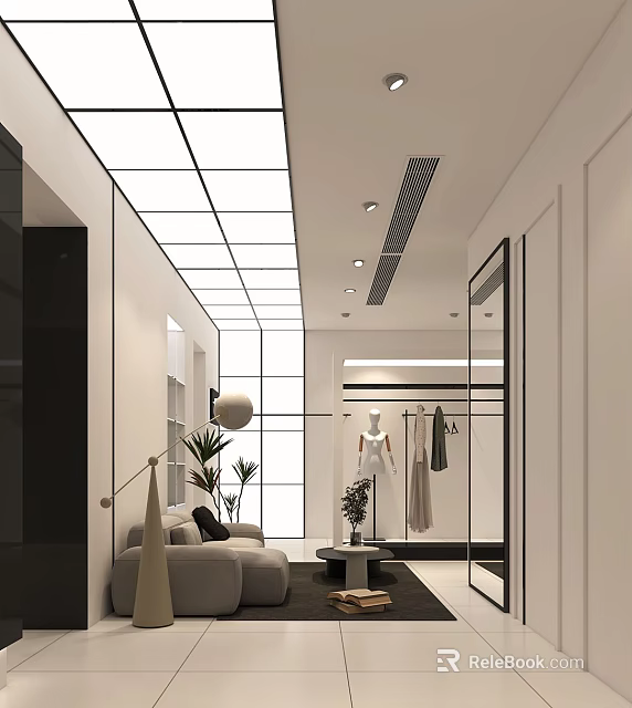 Modern Fashion Clothing Store Interior With Mannequin Display Clothing Racks And Seating Area 3d model 