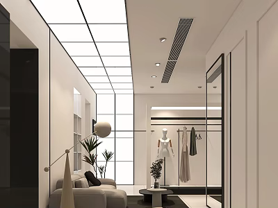 Modern Fashion Clothing Store Interior With Mannequin Display Clothing Racks And Seating Area 3d model