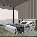 Modern Bedroom Interior With Large Windows City Mountain View Bed Nightstand Table Lamp Green Rug