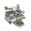 Modern Decorative Ornament Set with Green Plant Glass Vase Books Stone Tray and Coffee Cup