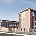 Industrial Factory Complex With Red Brick Multi Story Buildings Connecting Walkway And Landscaping