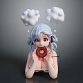 Anime Character With Light Blue Hair Pigtails Clouds Red Eyes Holding Chocolate Donut Dripping Sauce