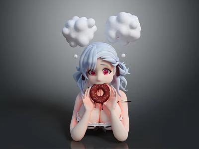 Anime Character With Light Blue Hair Pigtails Clouds Red Eyes Holding Chocolate Donut Dripping Sauce 3d model