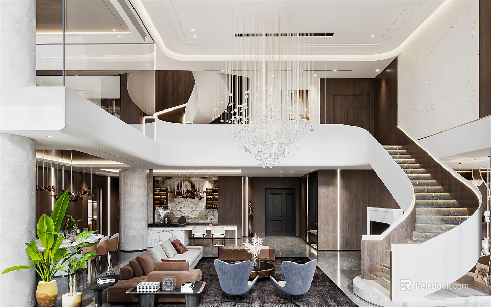 Modern Duplex Living Room Interior With Double Height Space Chandelier Sofa Armchairs And Wooden Staircase 3d model 