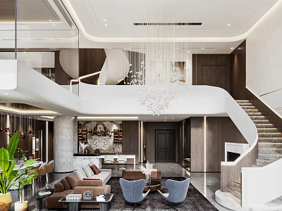 Modern Duplex Living Room Interior With Double Height Space Chandelier Sofa Armchairs And Wooden Staircase 3d model