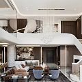 Modern Duplex Living Room Interior With Double Height Space Chandelier Sofa Armchairs And Wooden Staircase