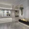 Modern Showroom Interior With Large Screen Display Shelves Artworks And Lighting