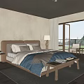 Hotel Guest Room with Comfortable Bed Wooden Headboard Plush Pillows Floor-to-Ceiling Windows Balcony Scenic View