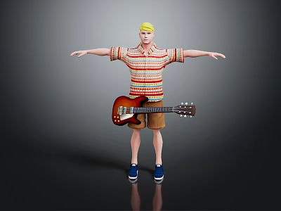 Game Movie Character With Blonde Hair Striped Shirt Brown Shorts Blue Shoes And Red Guitar 3d model