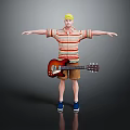Game Movie Character With Blonde Hair Striped Shirt Brown Shorts Blue Shoes And Red Guitar