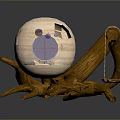 Wooden Art Sculpture With Planetary Sphere Insect Like Legs And Green Elements
