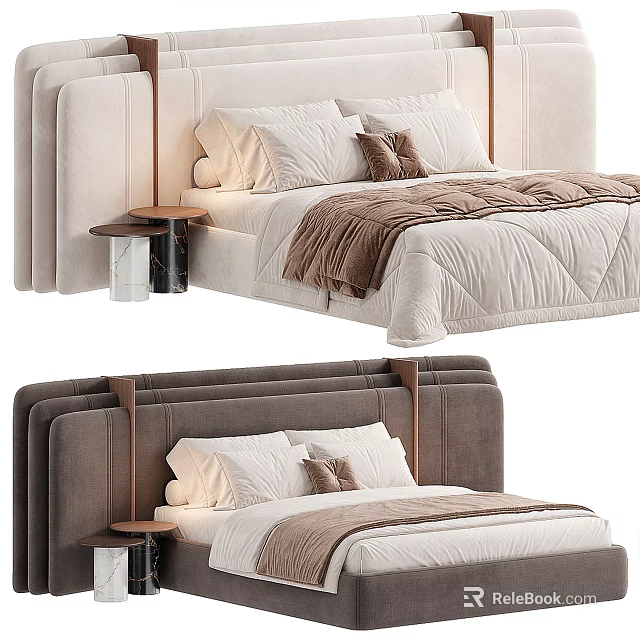 Modern Comfortable Double Bed Interior With Upholstered Headboard Plush Pillows And Cozy Bedding 3d model 