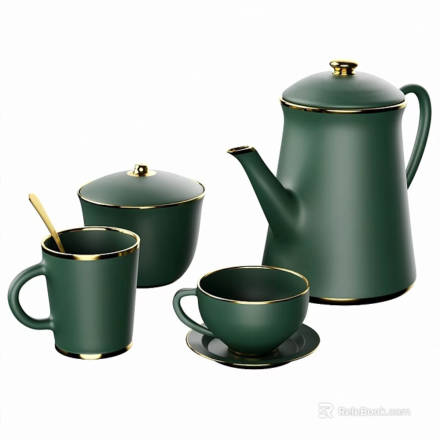 Elegant Green Tea Set With Teapot Covered Container Mug Teacup And Gold Rim 3d model 