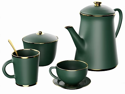 Elegant Green Tea Set With Teapot Covered Container Mug Teacup And Gold Rim 3d model