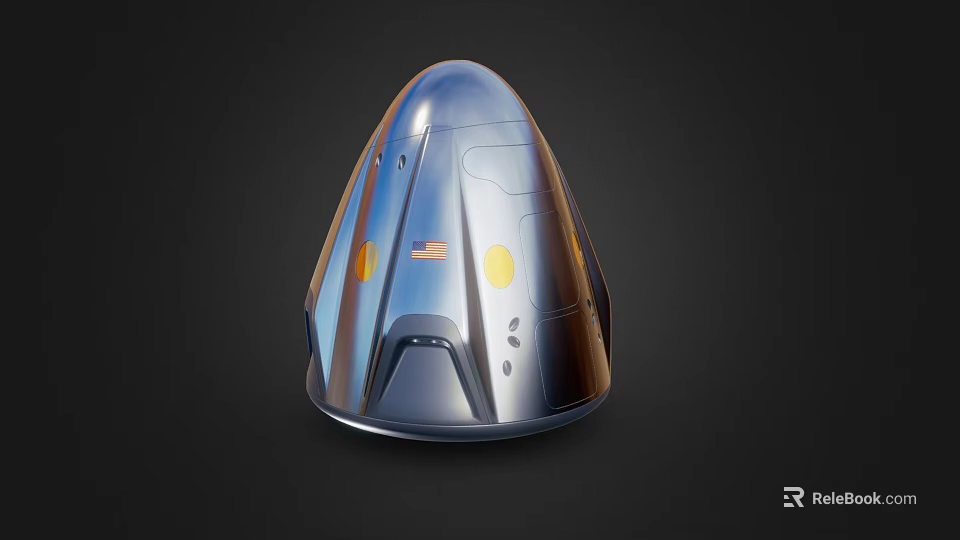 Silver Conical Spacecraft Capsule With Reflective Surface And Yellow Markings 3d model