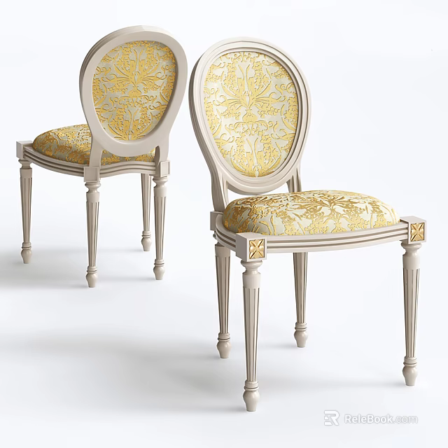 Elegant Upholstered Leisure Chairs With Yellow White Floral Pattern And Ornate Carved Legs 3d model 