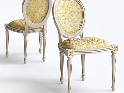 Elegant Upholstered Leisure Chairs With Yellow White Floral Pattern And Ornate Carved Legs 3d model