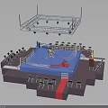 Indoor Boxing Ring With Boxers During Match Seating And Lighting Rig
