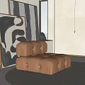 Modern Brown Leather Single Sofa With Button Tufted Design And Abstract Wall Art 3d model