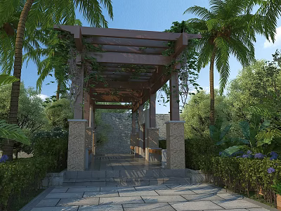 Wooden Pergola With Vines And Stone Pillars In Outdoor Garden With Palm Trees 3d model