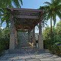 Wooden Pergola With Vines And Stone Pillars In Outdoor Garden With Palm Trees