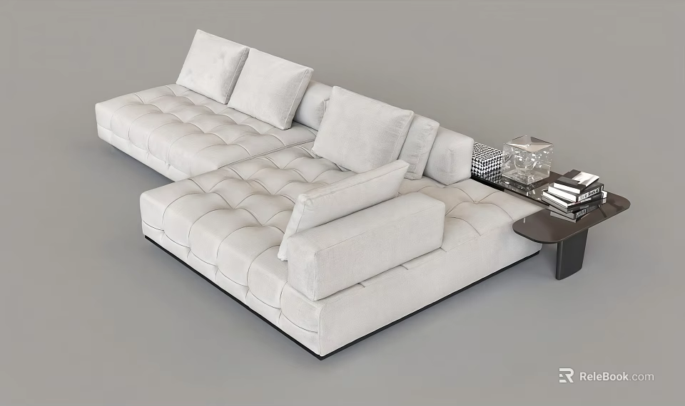 White L Shaped Casual Sofa Set With Diamond Tufted Plush Cushions And Side Table 3d model 