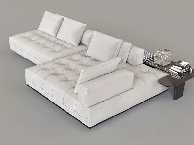 White L Shaped Casual Sofa Set With Diamond Tufted Plush Cushions And Side Table 3d model