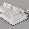White L Shaped Casual Sofa Set With Diamond Tufted Plush Cushions And Side Table