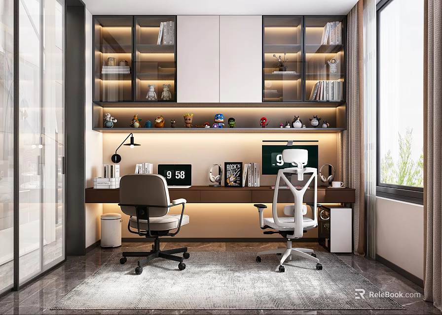 Modern Study Room Interior With Wooden Desk Ergonomic Chairs Glass Bookshelves And Decorative Figurines 3d model 