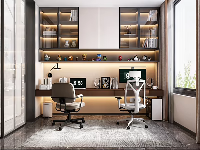 Modern Study Room Interior With Wooden Desk Ergonomic Chairs Glass Bookshelves And Decorative Figurines 3d model