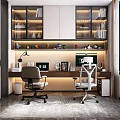 Modern Study Room Interior With Wooden Desk Ergonomic Chairs Glass Bookshelves And Decorative Figurines