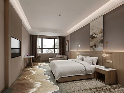 Modern Hotel Room Interior With Large Bed Carpet Window TV And Decorative Painting 3d model