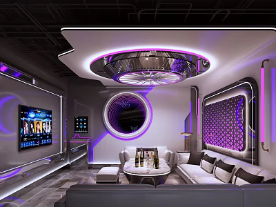 Modern KTV Room Featuring Purple Lighting Circular Mirror Sofa And TV 3d model