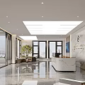Modern Office Reception Desk With Marble Wall Company Logo And Ceiling Lights