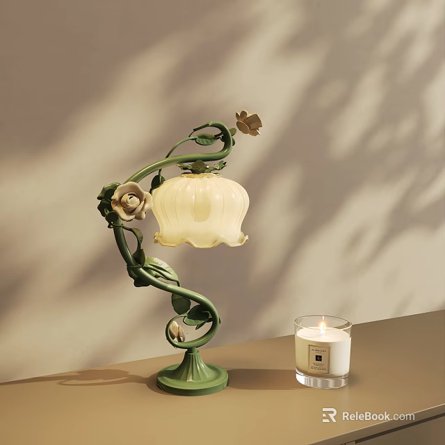 Green Table Lamp with Vine Flower Decoration Bud Shaped White Lampshade on Table with Candle 3d model 
