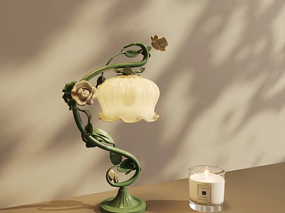 Green Table Lamp with Vine Flower Decoration Bud Shaped White Lampshade on Table with Candle 3d model