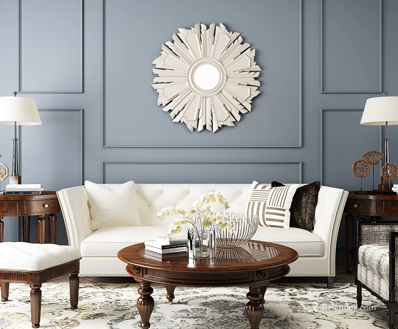 Elegant Modern Sofa and Coffee Table Set With Decorative Mirror Table Lamps and Throw Pillows 3d model