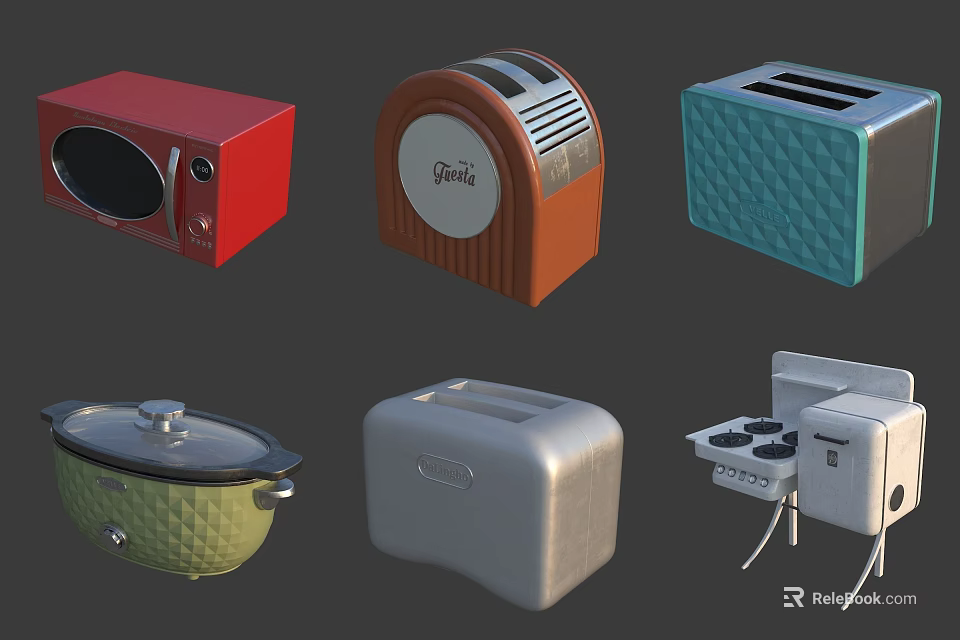 Colorful Retro Kitchen Appliances Including Microwave Toaster Crockpot And Stove 3d model 