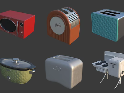 Colorful Retro Kitchen Appliances Including Microwave Toaster Crockpot And Stove 3d model
