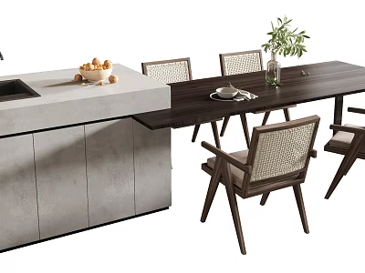 Modern Dining Table Set with Wicker Back Chairs Kitchen Island Fruits and Green Plant 3d model